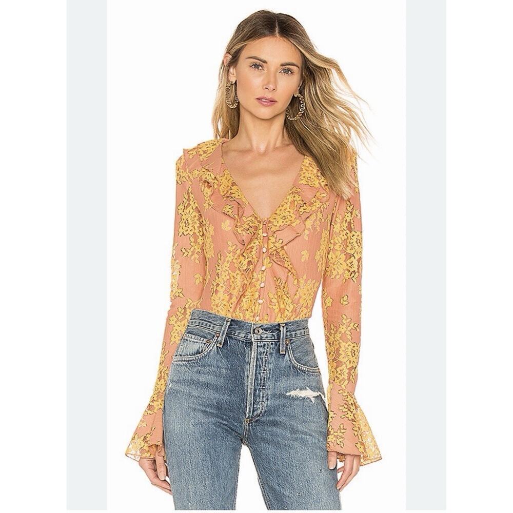 Majorelle Roma Top Golden Blush Women’s Small Ruffle V-Neck Floral Lace Fairy - Picture 11 of 15